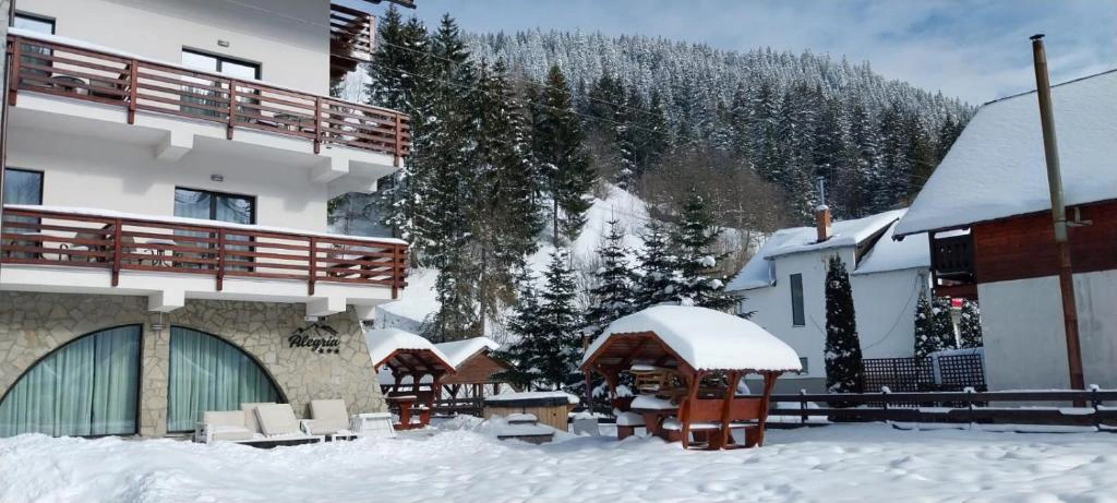 Căsuțe de grătar iarna — curtea Alegria în zăpadă